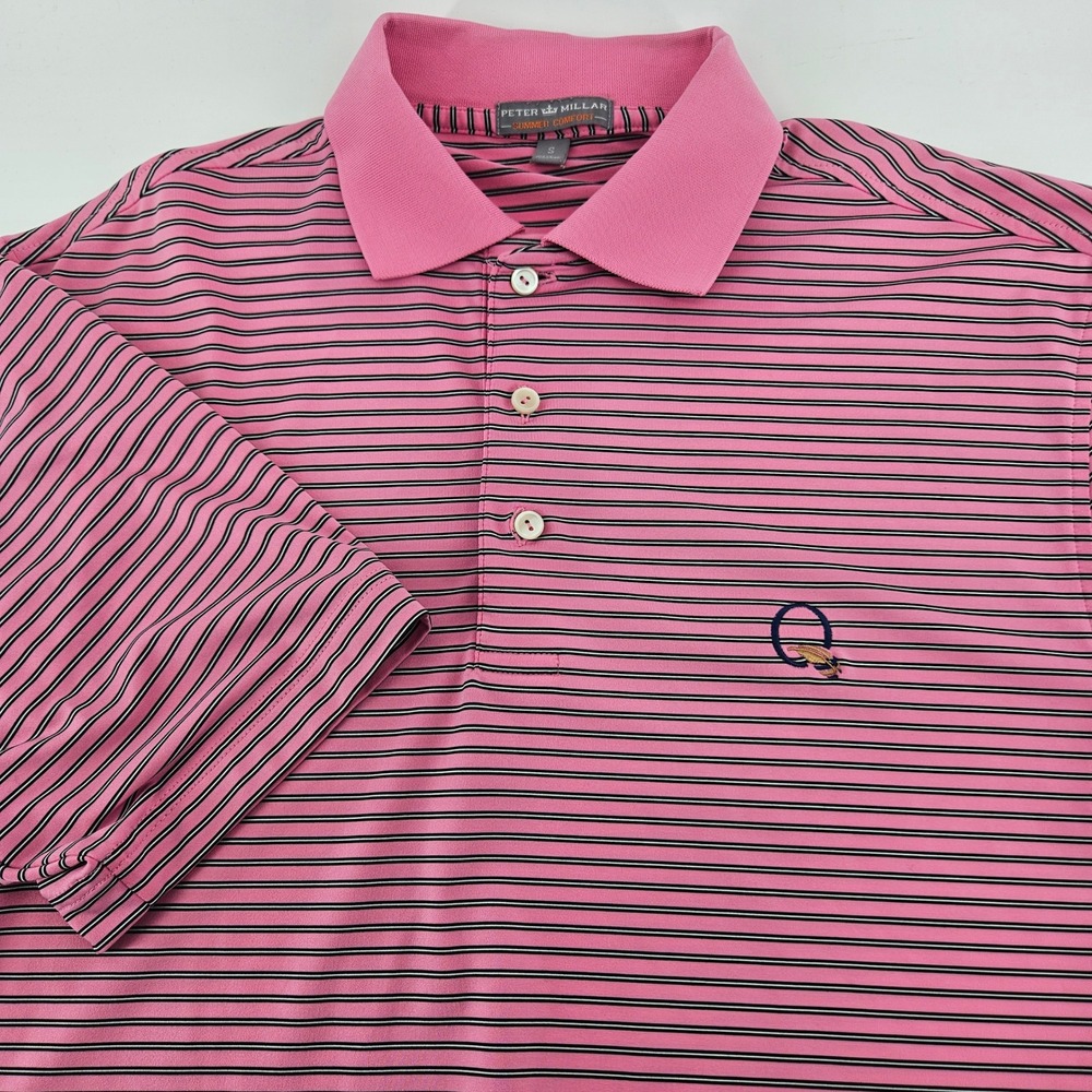Peter Millar Summer Comfort Mens Pink Striped Quail Hollow Golf Polo Shirt Small